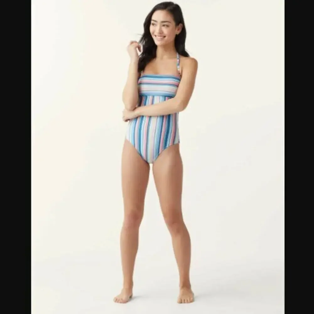 Splendid NWT Blue Pink Striped Holding Pattern Bandeau One-Piece Swimsuit Size M - Picture 5 of 9